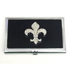 SPRING STREET DESIGN CARD HOLDER BLACK ENAMEL WITH CRYSTAL FLEUR DE LIS
